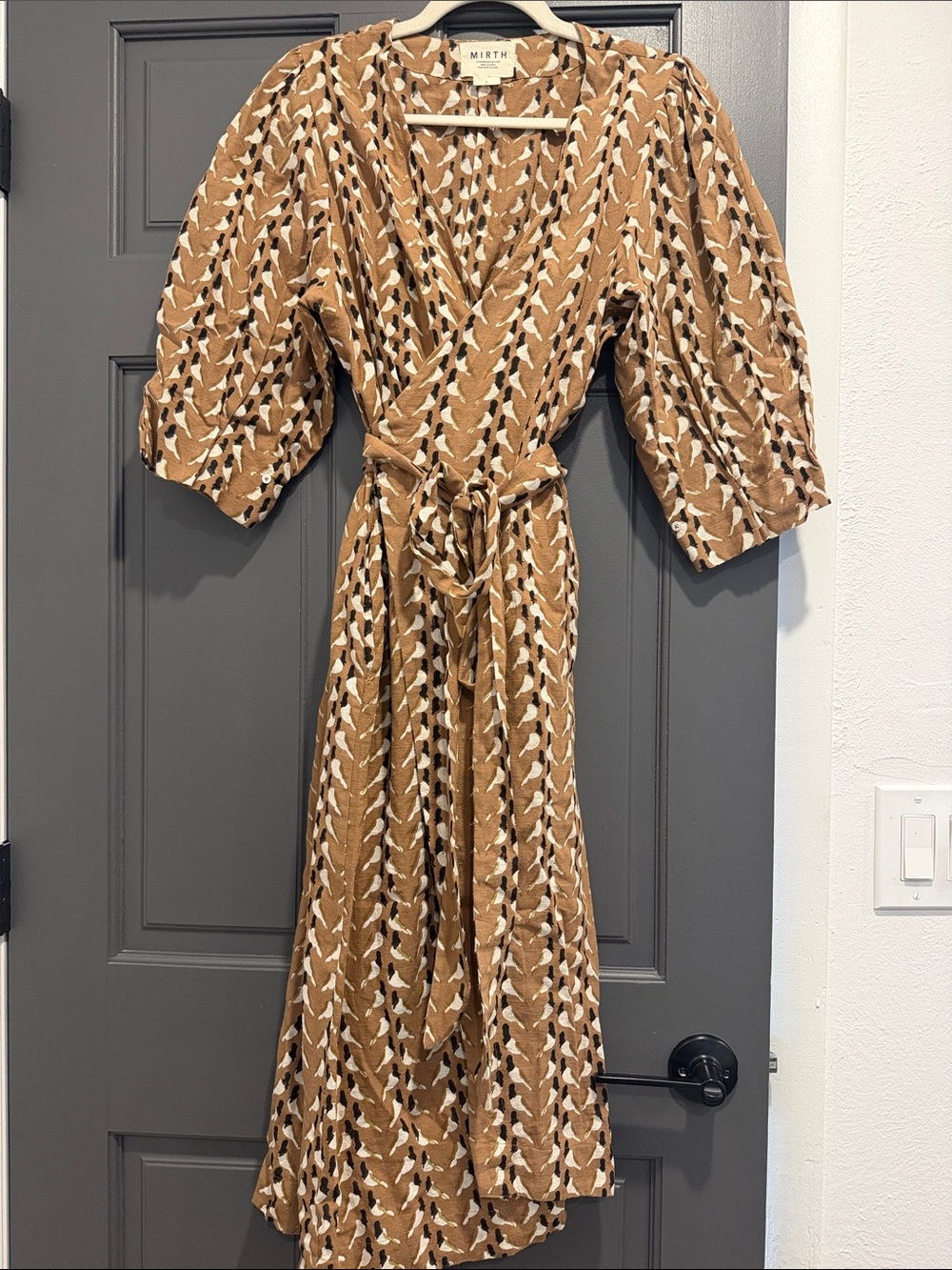Mirth Tie-Waist Midi Dress in Caramel Leaf